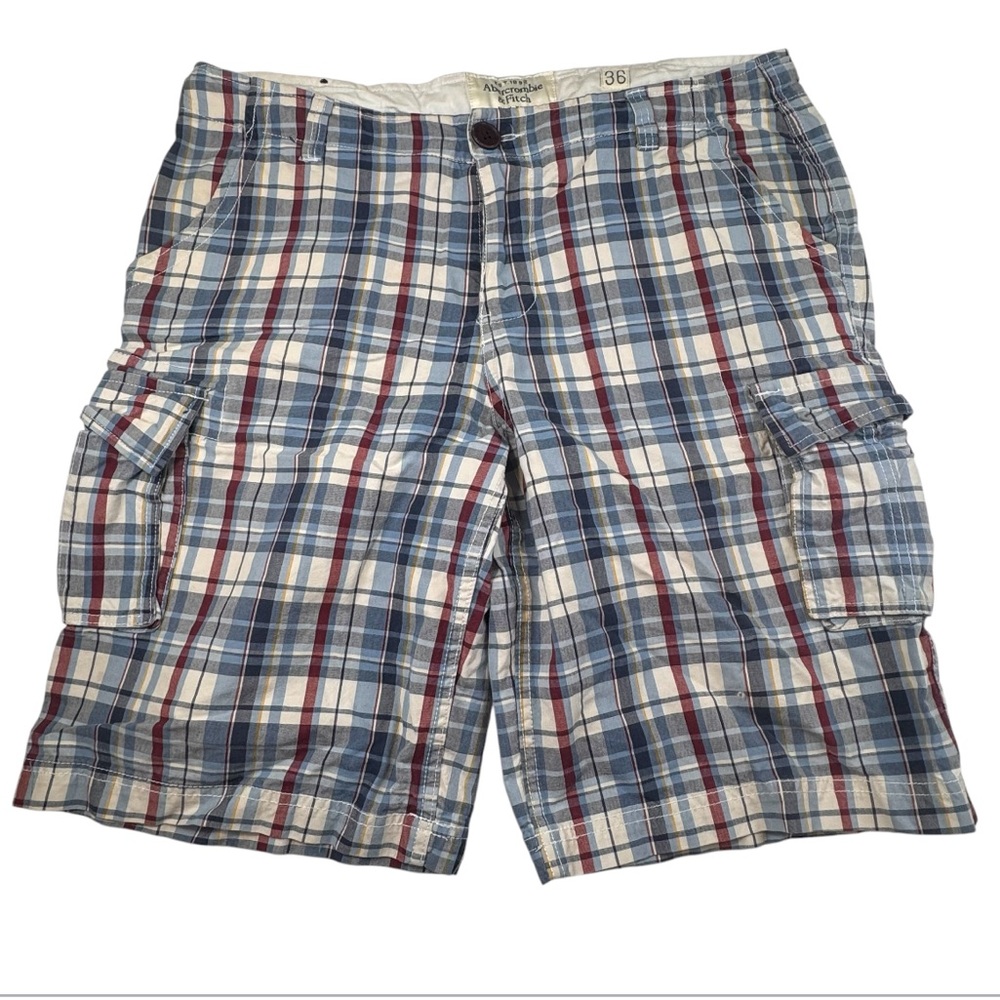 Abercrombie & Fitch Cargo Shorts Men's 36 Plaid Distressed Cotton Drawstring Y2K
